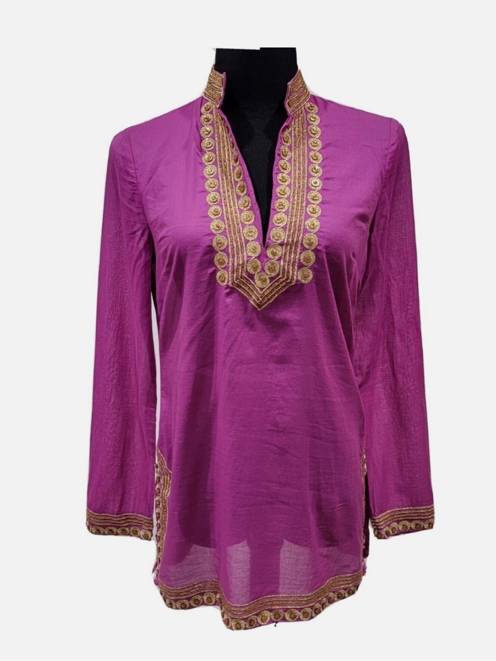 Tory Burch Embroidered Long-Sleeve Magenta Tunic with Gold trim- size 2